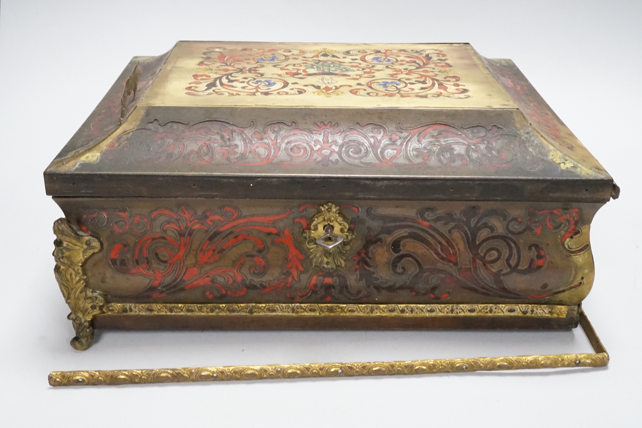 A 19th century French scarlet boulle and tortoiseshell box, 32cm wide, 25cm deep (a.f.)